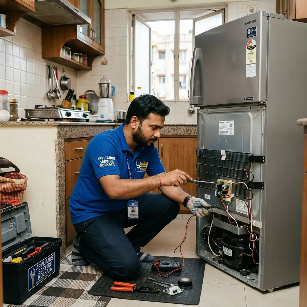 Service technician inspecting a home appliance during a repair visit in West Delhi